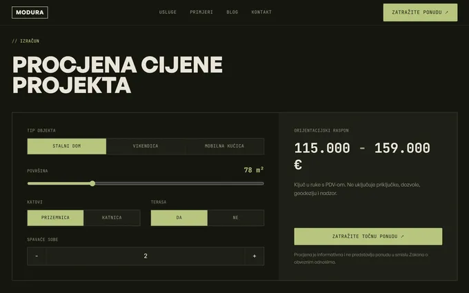 Web stranica Modura, kalkulator cijene