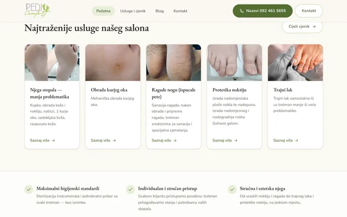 Web stranica salona Pedi Comfort, usluge
