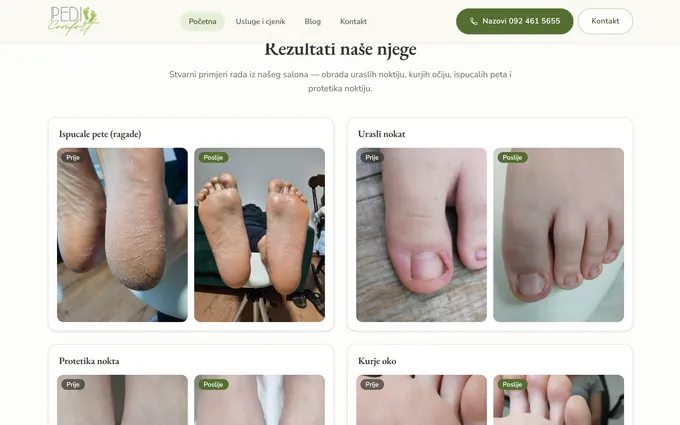 Web stranica salona Pedi Comfort, rezultati njege